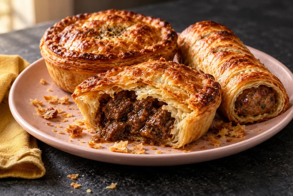 Illustrative concept photograph of beef pies and a sausage roll