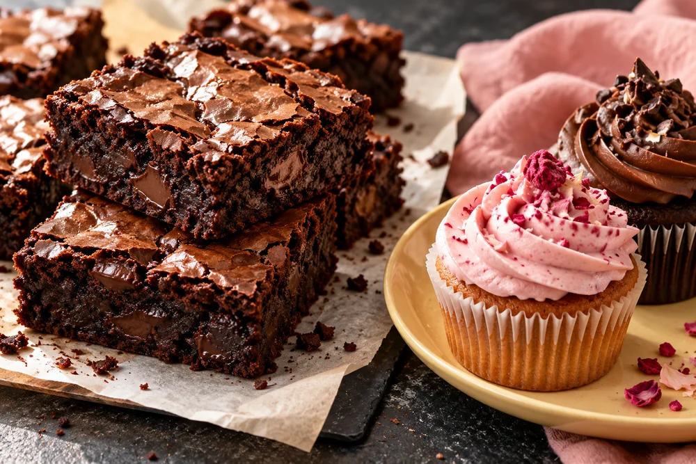Illustrative concept photograph of brownies and cupcakes